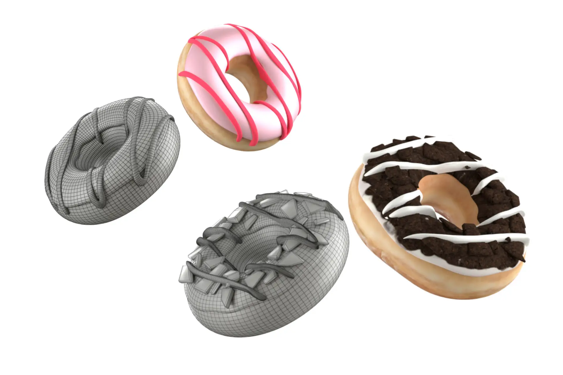 Doughnuts in the Round Alt text: A 3D render of four Krispy Kreme doughnuts, two shown as grey wireframe meshes and two fully textured as a pink raspberry-drizzled ring and a cookies-and-cream iced ring.